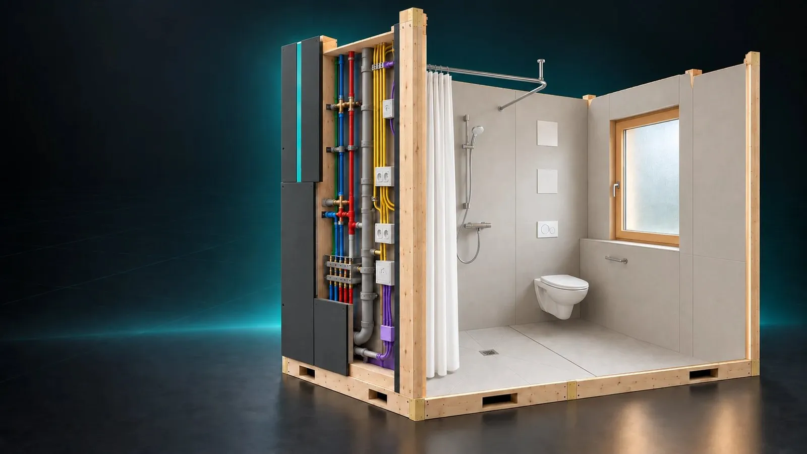 Konzeptvisualisierung: Techniksystem mit barrierefreiem Bad — bodengleiche Dusche mit Vorhang, Haltegriffe, Fenster, links die offene Technikwand.