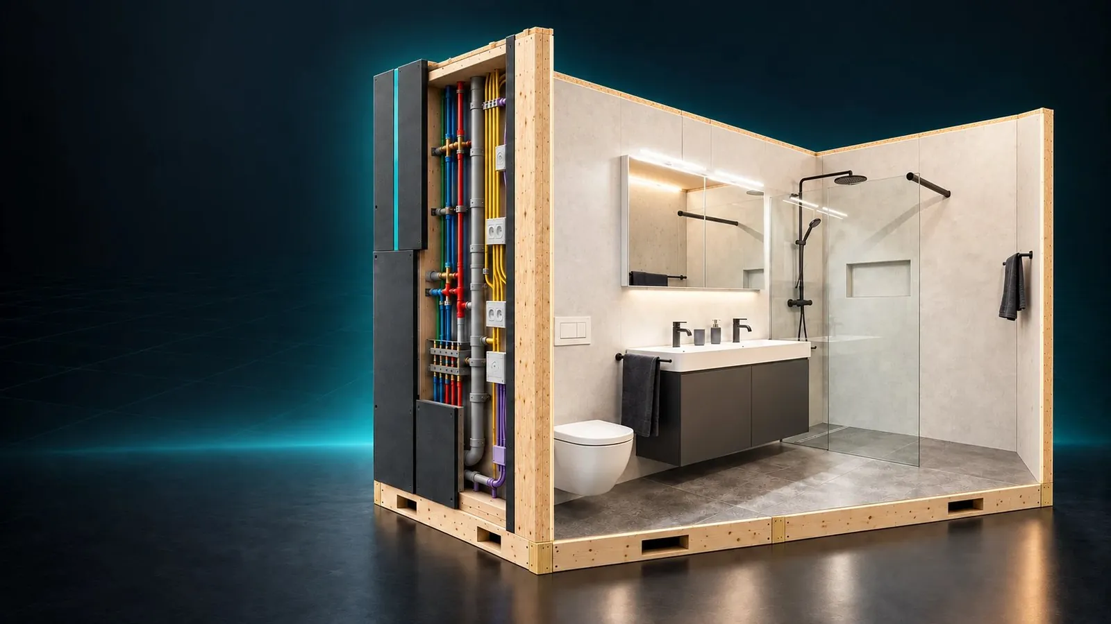 Konzeptvisualisierung: Techniksystem mit Komfortbad — Doppelwaschtisch, Spiegelschrank, Walk-in-Dusche mit Glaswand, links die offene Technikwand.