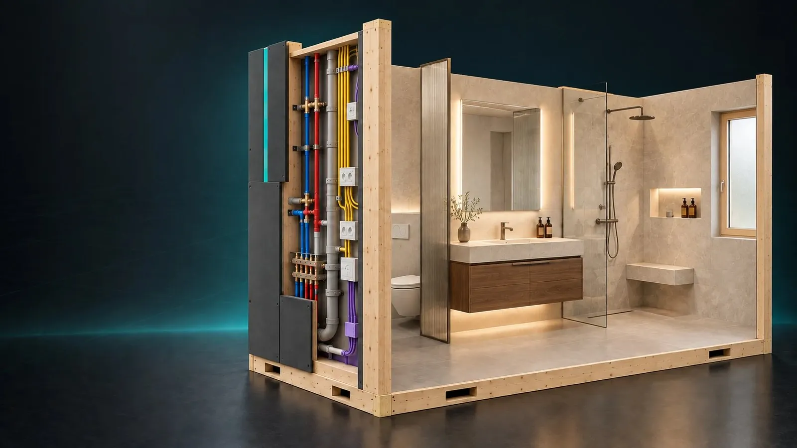 Konzeptvisualisierung: Techniksystem mit Hotelbad — großformatige Fliesen, Waschtisch auf Nussbaum, Regendusche mit Sitzbank, links die offene Technikwand.