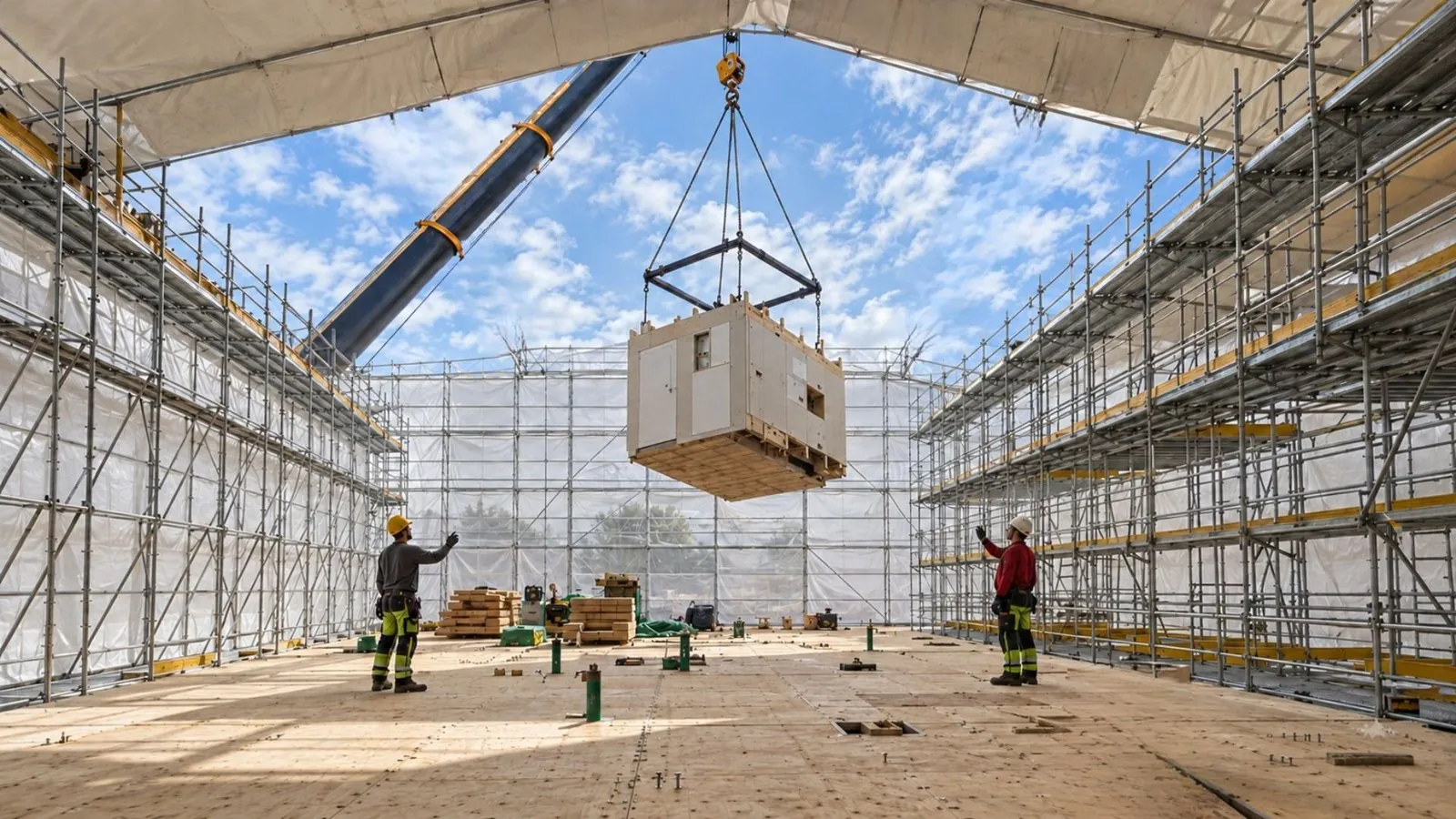 Baustelle Wohnquartier Salzburg: ein Techniksystem hängt am Kran und wird unter dem Wetterschutzdach in den Holzbau eingehoben.